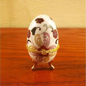 Vintage Footed Trinket Egg Box Floral Flower Porcelain Victorian Style Gold Trim